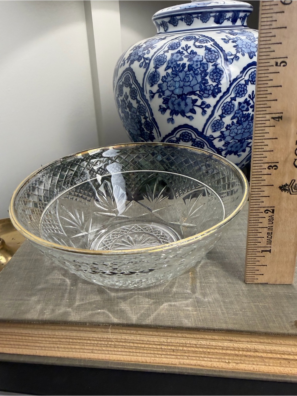 Vintage Cut Glass Crystal Bowl Gold Rim Starburst Diamond Pattern 6”